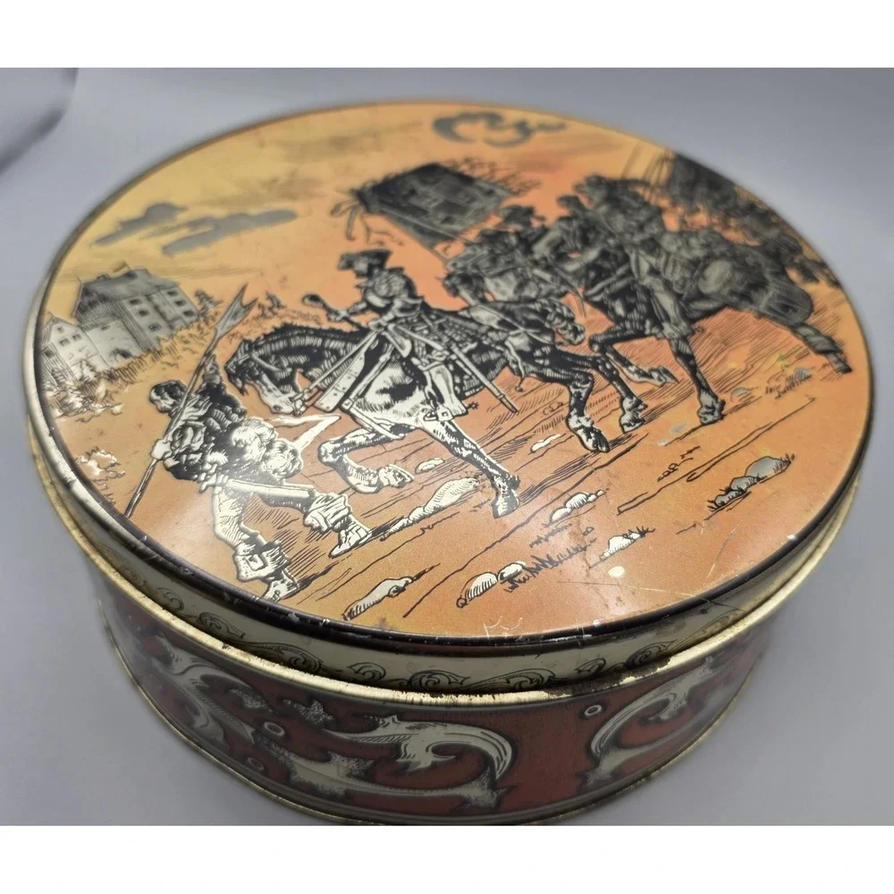 Vintage Round Metal Tin Medieval Knights Horse Procession Decorative 8” Storage